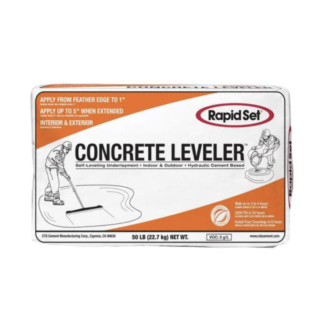 A 50 lb. bag of Go Build Concrete Leveler displays people applying fast-setting concrete and highlights self-leveling, suitable for indoor/outdoor use, plus thickness instructions. Brand message: The Fastest Way To Build.